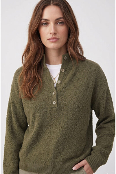 Nostos Algos Khaki Buttoned Special Yarn Knit Sweater