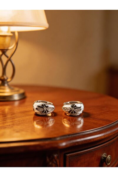 ZEY 925 Ayar Gümüş Takı-Siyah Beyaz Çiçek Desenli Küçük Kalın Halka Kadın Hed...