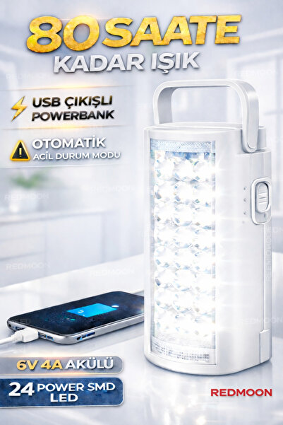 REDMOON Şarjlı Kamp Feneri–24 SMD LED 6V 4Ah Akü–USB Powerbank–Acil Durum Lam...