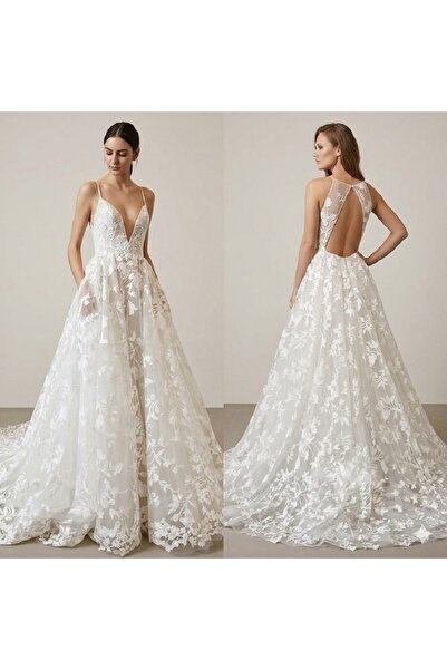 Generic فستان زفاف من دانتيل الزهري تول من ناكسوس فتحة عنق عميقة