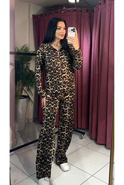 inci bayan giyim Costum leopard cu fermoar pentru femei, cu guler, pantaloni ...