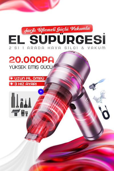 EN SİGA Üflemeli Güçlü Vakumlu 20.000 PA 7 Aparatlı Şarjlı El Süpürgesi