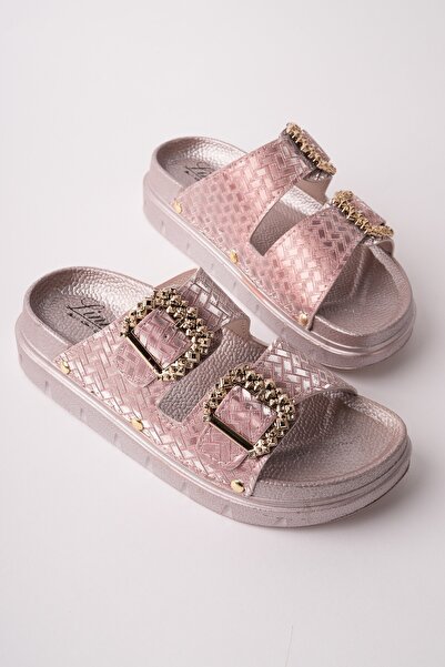 MUGGO GLİTZA Papuci de damă casual cu cataramă dublă, cu textură strălucitoare