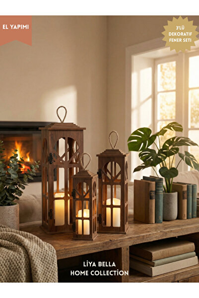 Liya Bella 3’lü Dekoratif Ahşap Fener Seti | Mumluk Fener Ev & Balkon Dekoras...