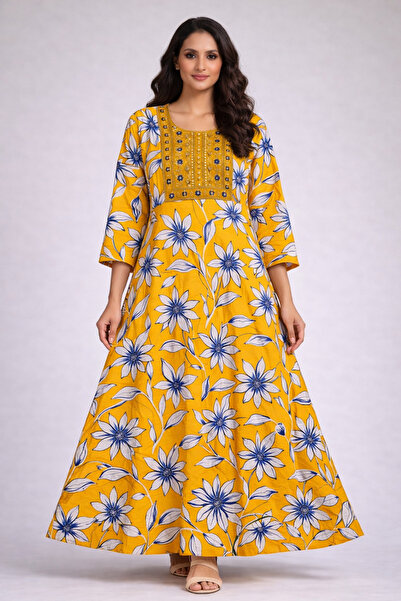 Mabrook Jalabiya 100% قطن - جلابية نسائية طويلة بقصة قَصّة على شكل A باللون ا...