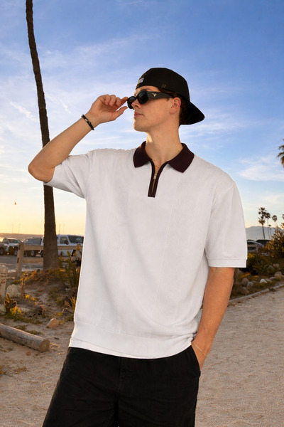 DAMGA JEANS Erkek Çizgili Fermuarlı Beyaz Polo Yaka T Shirt