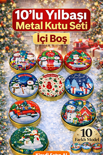 Misse 10 Adet Yeni Yıl Noel Desenli Metal Kutu, Yılbaşı Mum Kutusu (İçi Boştu...