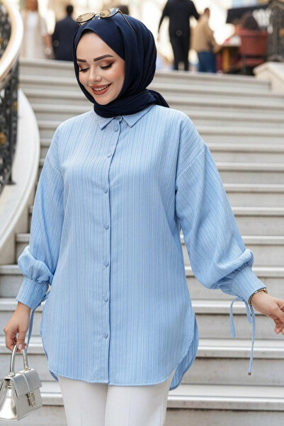 N.S NEVA STYLE Çizgili Bebek Mavisi Tesettür Tunik 101016BM