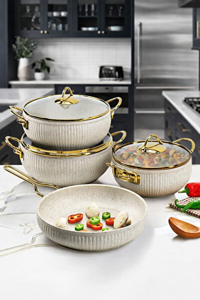 Evita FMS 7 Parça Cam Kapaklı Granit Küre Güveç Tencere Seti Fil Dişi