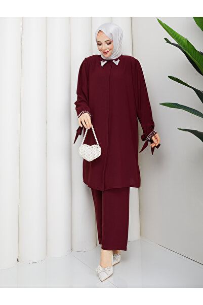 asyadabutik Plus Size Pearl Beaded Double Hijab Set - Collar and Cuff