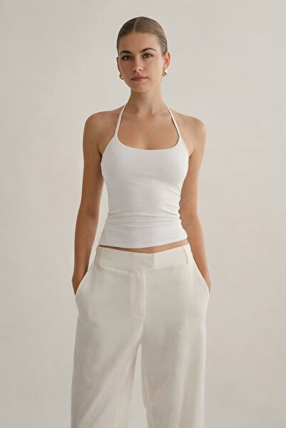 Baluxe Λευκή μπλούζα με λαιμόκοψη από βαμβακερό κορδόνι