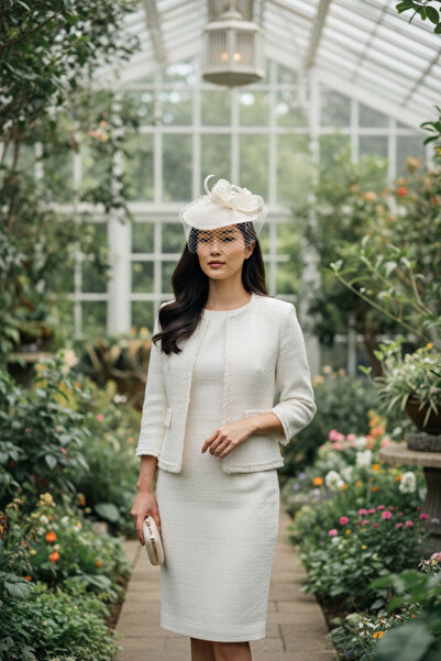 Miss Hat Pălărie Albă de Mireasă din Sinamay cu Voaletă, Perle și Pană