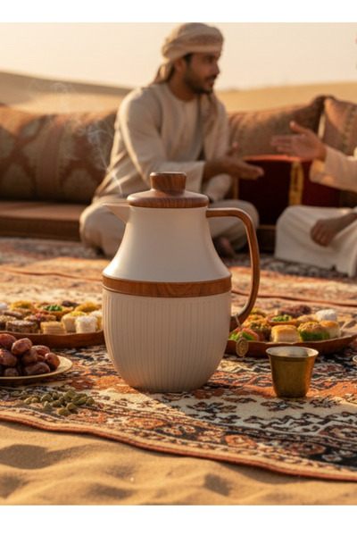 ALQANNAS ترمس شاي او قهوة فاخر سعة 1 لتر | لون رمادي فاتح وخشبي، تصميم أنيق ي...