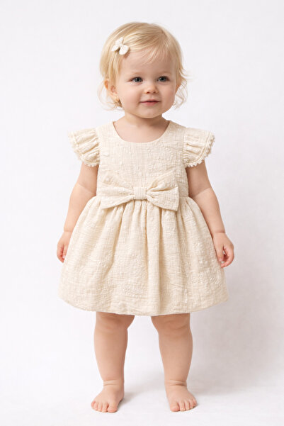 MixMax Bebe Kız Bebek Bayramlık Kısa Kollu Paket Kurdele Çiçek İşlemeli Yazlı...