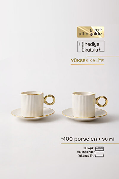 TUSE LIVING Pure Gold 4 Parça 2 Kişilik Porselen Kahve Fincan Takımı 90 ml
