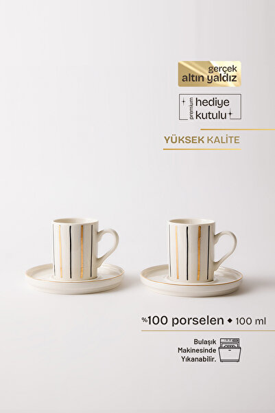 TUSE LIVING Artline Gold Gerçek Altın Yaldızlı Çizgili 4 Parça 2 Kişilik Pors...