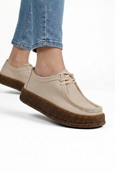 RABU Bej Süet Kadın Bağcıklı Ortopedik Taban Rahat Günlük Casual Ayakkabı