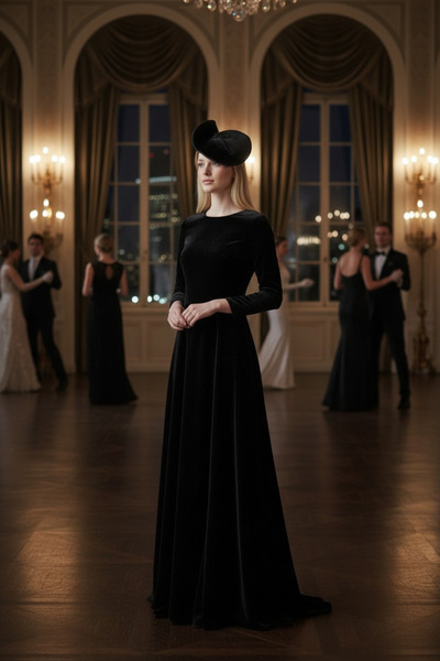 Miss Hat Pălărie Elegantă din Catifea Neagră cu Ramură Decorativă și Mărgele ...