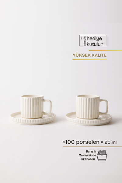 TUSE LIVING Relief Üzeri Tırtıklı 4 Parça 2 Kişilik Porselen Kahve Fincan Tak...