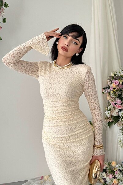 Julidress Rochie maxi lungă din dantelă premium, căptușită cu guler ridicat c...