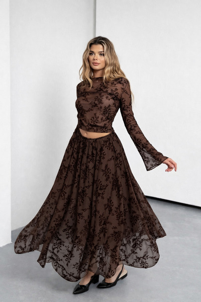 H&T STORE | Kadın Kahverengi Çiçek Desenli Asimetrik Astarlı Transparan Etek