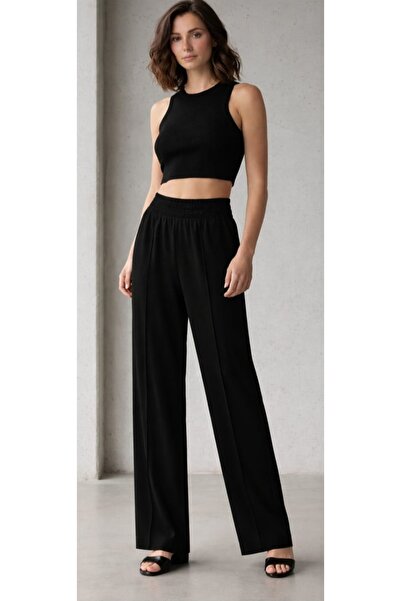 Dagü Design Women's Striped Elastic Waist Wide Leg Summer Black Crepe Trousers