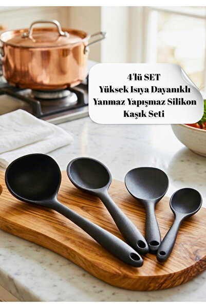 BRE HOME 4'lü sert uçlu silikon Kepçe pilav servis tatlı mama kaşık seti