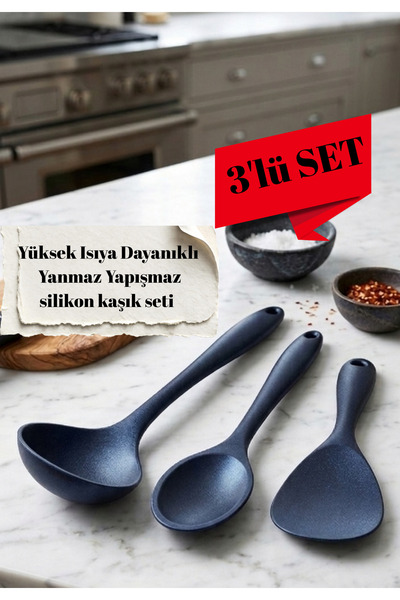 BRE HOME 3'lü yüksek ısıya dayanıklı ultra sert uçlu silikon Kepçe servis pil...