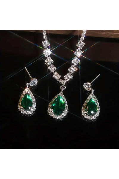 Estilo Lingerie Gümüş Kaplama Su Yolu Zirkon Taşlı Kolye Küpe Seti Gelin Takı...