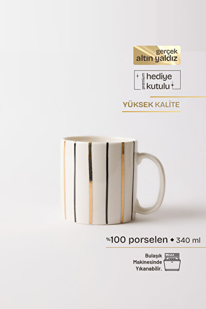 TUSE LIVING Artline Gold Gerçek Altın Yaldızlı Çizgili Porselen Kupa 340 ml