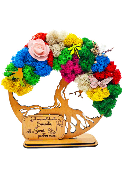 OEM Cadou Copacul Vietii, cu licheni stabilizati, din lemn bej, „Cumnata”, 20cm, handmade