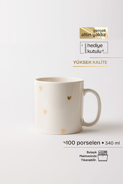 TUSE LIVING Golden Hearts Gerçek Altın Yaldızlı Kalpli Porselen Kupa 340 ml