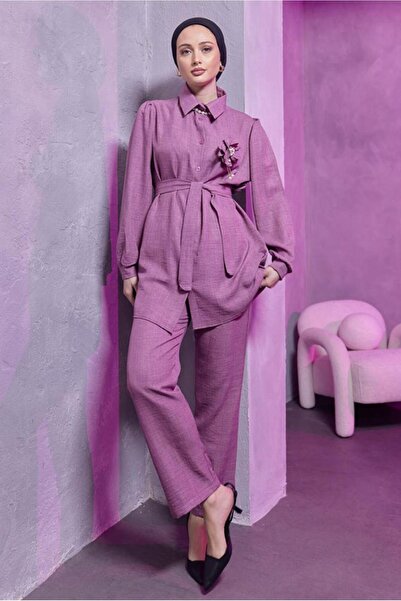 TRENDTESETTÜR KADIN MOR (LİLA) BROŞ DETAYLI PANTOLONLU TAKIM T 0493