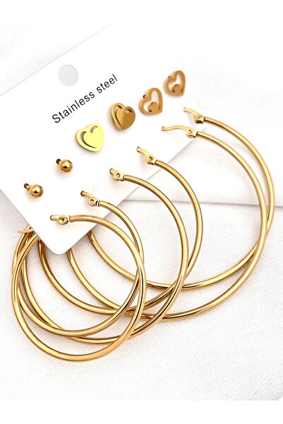 Siya Silver 6 Pairs of Steel Hoop Earrings Set with Heart Detail