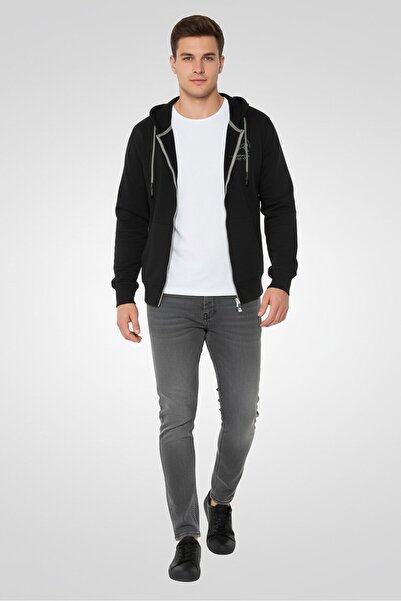 La Martina هودي رجالي بأكمام طويلة وشعار ماركة، بسحاب كامل، أسود