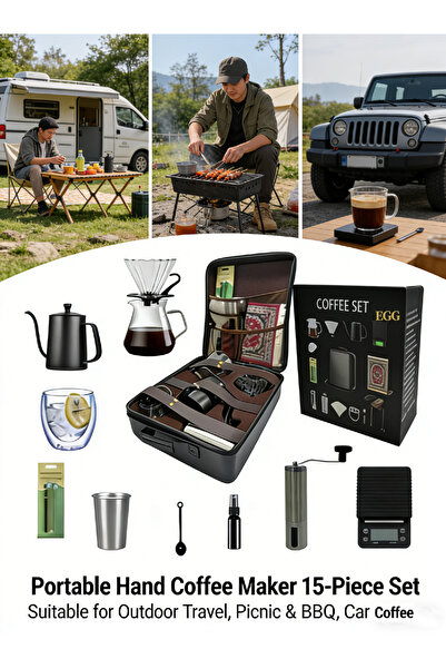 EGG Italian Espresso 15-Piece Set Outdoor V60 Coffee Pot Set, Coffee Bean Gri...