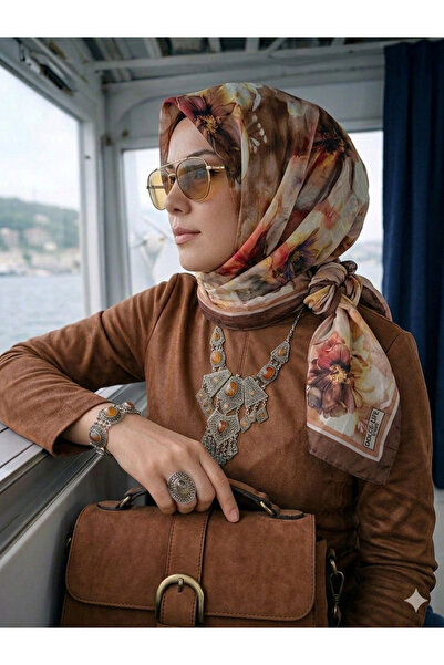 Nazellaa Dijital Bambu Kahve Detaylı Çiçek Desen Soft Kraş Şal