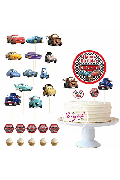 SİYAH PARTİ EVİ Şimşek Mcqueen / Cars Doğum Günü Pasta Süsü Kürdan Seti