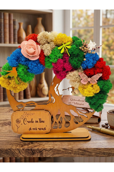 OEM Cadou Copacul Vietii, cu licheni stabilizati, din lemn bej, „Mesaj motivi...