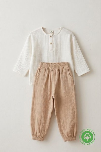 ÇİTİL Boy's Long Sleeve Muslin Bottom Top 2 Piece Set 2-8 Years