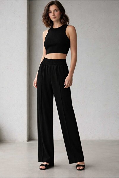 Dagü Design بنطلون سكوبا نسائي أسود مريح بخصر مطاطي