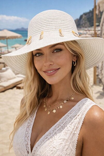 MARBERRY Bela šešir od slame sa detaljima od morske školjke za žene