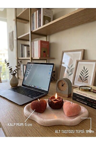 Vanilya Kokulu Dekoratif Mum Seti – 3’lü Kalp & Gül Mum + Taş Tozu Altlık