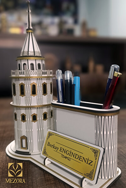 mezora Kişiye Özel Ahşap Galata Kulesi Temalı Kalemlikli Masa İsimliği - Beya...