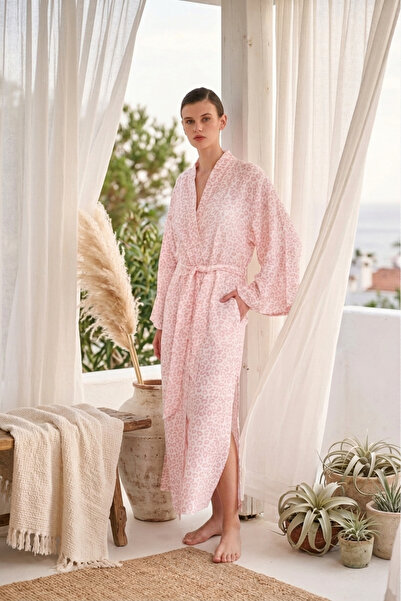 Miespiga Leopar Desenli Müslin Kadın Sabahlık Yırtmaçlı Plaj Elbisesi