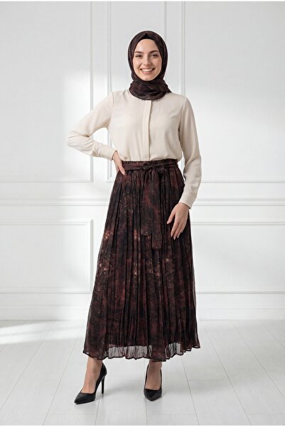 MİHRA STORE Φούστα σιφόν με αλάσπεδο σχέδιο Eftelya Alaca - BN4649 Πλακάκι