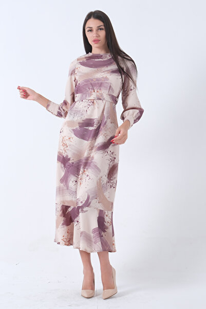 Feminist Fırça Darbesi Desenli Modern Şık Elbise Lavanta 0807769