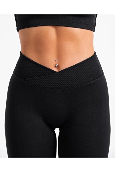 TEVEO V Dizayn Kemerli Push-Up Büzgülü Seamless Tayt-SİYAH