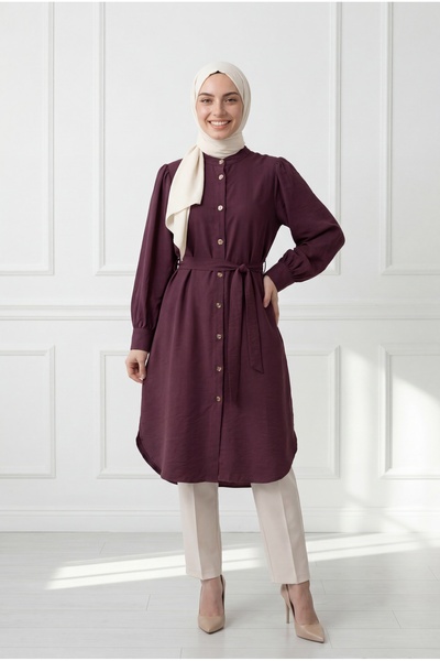 MİHRA STORE Datga Bağlamalı Yırtmaçlı Modal Tunik-ZŞ1000 Bordo