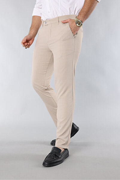 MY VİNTAGE Ανδρική κρέμα παντελόνι από ύφασμα με ελαστική Lycra μέχρι τον αστ...